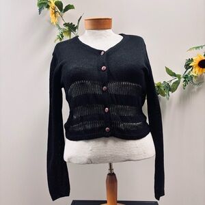 GAP Vintage Women's 100% Linen Crochet Cardigan with Wood Buttons Black Size L